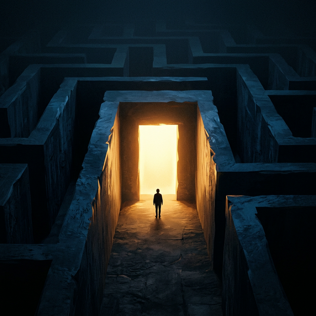 Silueta ante una puerta de luz en el laberinto